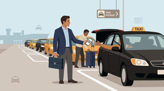 Man using taxi app for airport pickup with luggage and cars