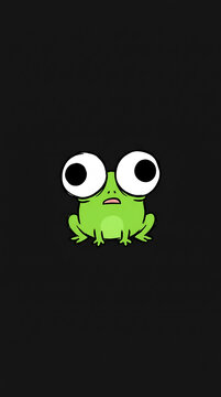 Cute cartoon green frog with huge surprised eyes and an open mouth, looking shocked on a dark background. Minimalist vector illustration.