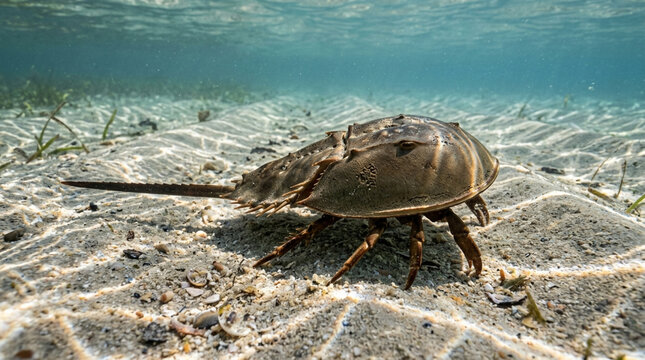 Horseshoe Crab Walking on Shallow Sandy Ocean Floor Underwater in Marine Habitat for Nature Conservation