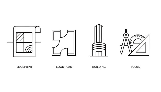 Architecture line icon set, blueprint and floor plan vector icons, building design and construction tools, 4 professional outline symbols.