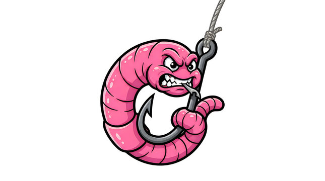 Angry pink earthworm cartoon character biting a fishing hook illustration