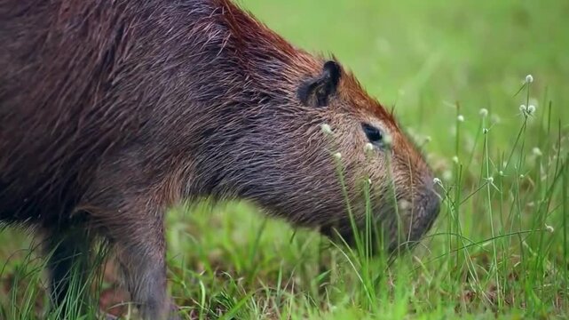 Wild capybara eating fresh green grass in meadow during daylight in nature wildlife environment