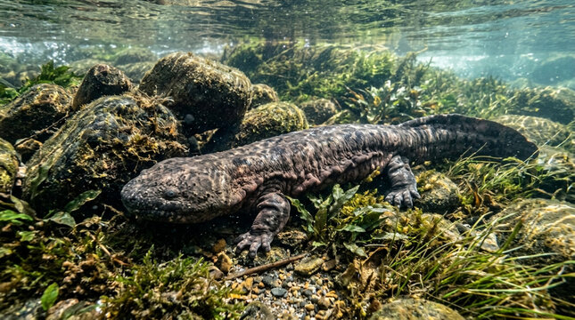Giant Salamander Underwater in Natural River Habitat with Rocks and Aquatic Plants for Wildlife and Conservation Photography
