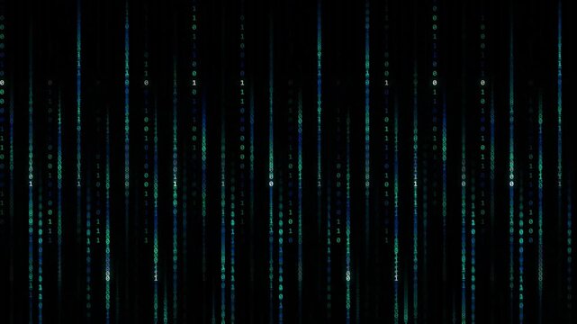 This video shows green binary code cascading down a black background, resembling a digital rain effect. The seamless loop is suitable for use as a background or overlay in technology-related projects.