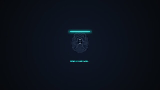 Digital fingerprint scanner interface glows on a dark screen with cyan lighting and user authentication text.