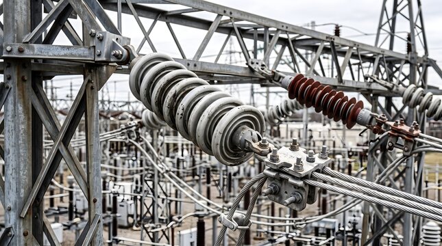 High voltage insulators installed on power substation structures