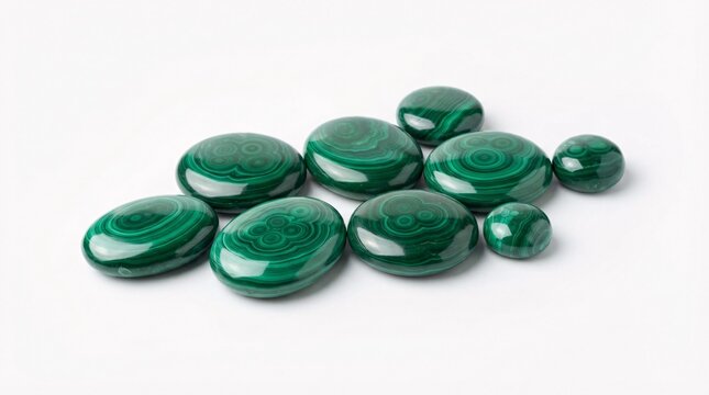 Group of smooth green malachite polished gemstones laying isolated on a white background