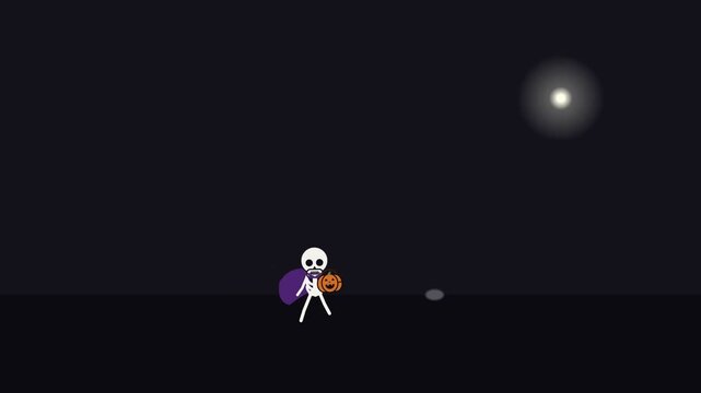 Stick figure skeleton holding a pumpkin and carrying a sack walks under a full moon on Halloween night.