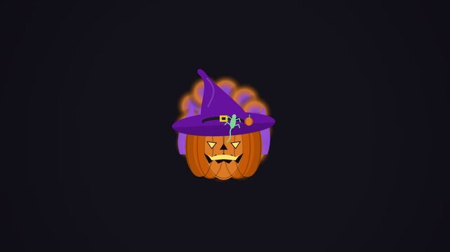 Jack-o'-lantern pumpkin wearing a purple witch hat stands out against a dark background with copy space.