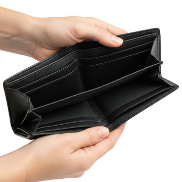 Person holding an empty black leather wallet isolated on white background