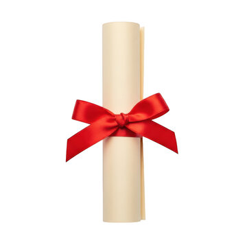 Rolled paper scroll tied with a bright red ribbon isolated on white background