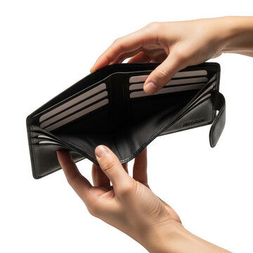 Person holding an empty black leather wallet isolated on white background