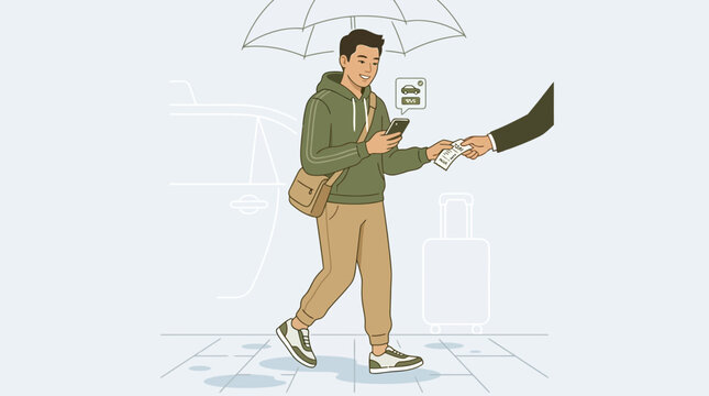 Man using app for taxi on rainy day, receiving money