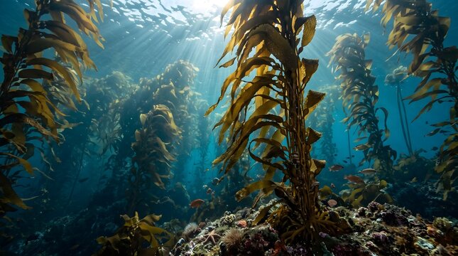 Sun rays beam through a lush underwater kelp forest ecosystem