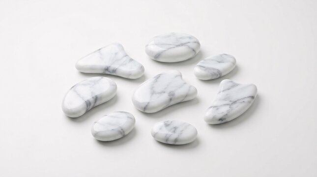 Collection of smooth white marble stones with grey veins isolated on white background
