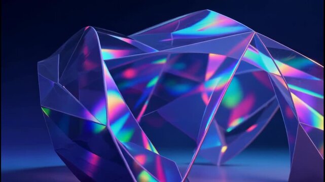 Abstract iridescent geometric sculpture with flowing translucent surfaces and vibrant light refraction