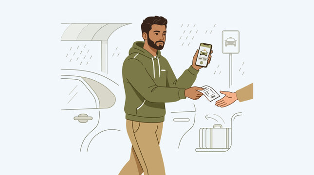 Man Showing Ride App Ticket on Phone at Taxi Stand with Luggage
