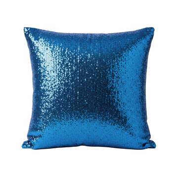 Square blue shiny sequin throw pillow for home decor isolated on white background