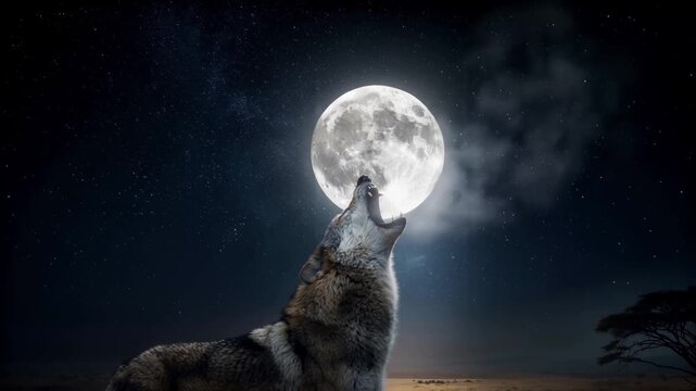 Wolf Howling at Full Moon in Open Savanna under Starry Night Sky Cinematic Wildlife Scene