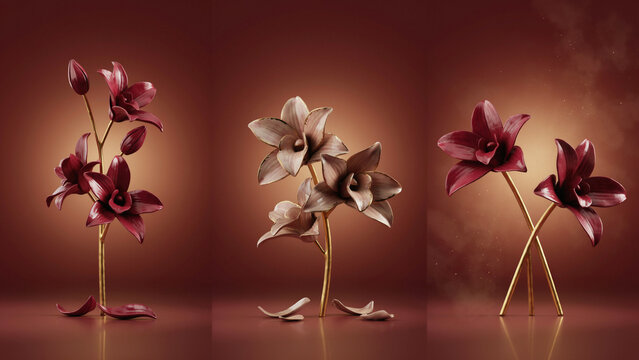 Three dark red floral sculptures on golden stems against a deep warm brown gradient background