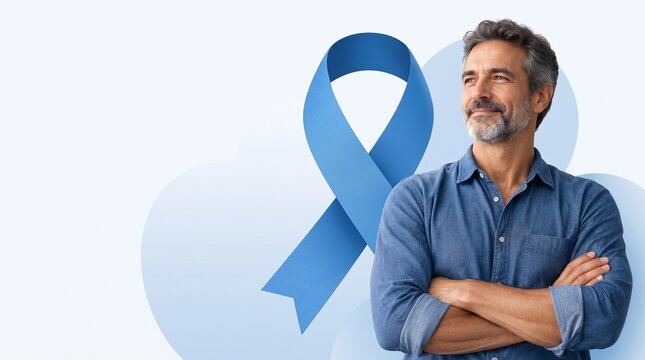 Smiling mature man with arms crossed looking away beside large blue awareness ribbon on light blue background with copy space