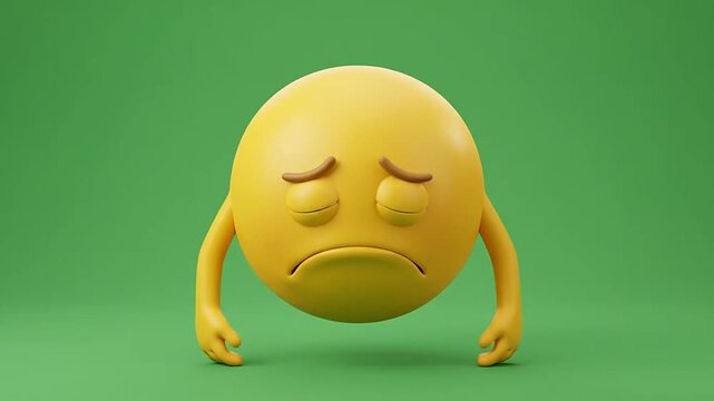 3d emoticon character with sad facial expression on green background