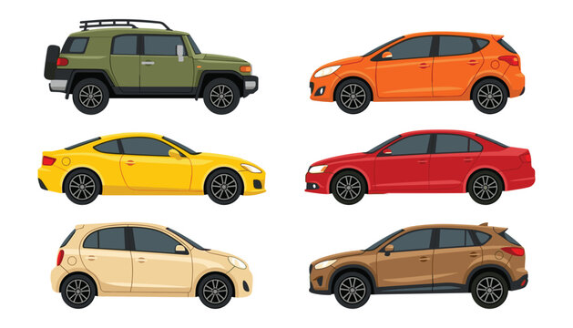 Vector collection of modern passenger cars showing side profile views including suv crossover sedan hatchback and sports coupe models