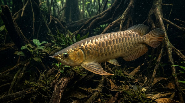Asian Arowana Swimming in Tropical River Habitat with Mangrove Roots and Clear Water for Wildlife Conservation