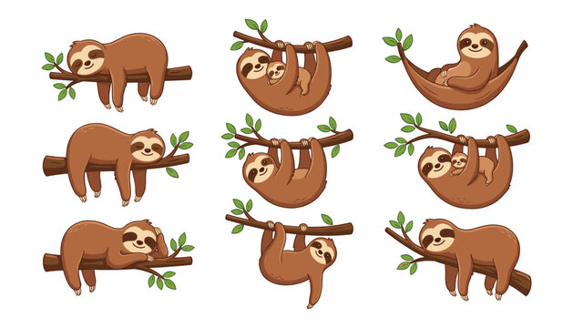 Cute cartoon sloth vector collection featuring happy wild animals hanging on tree branches sleeping and resting in hammock