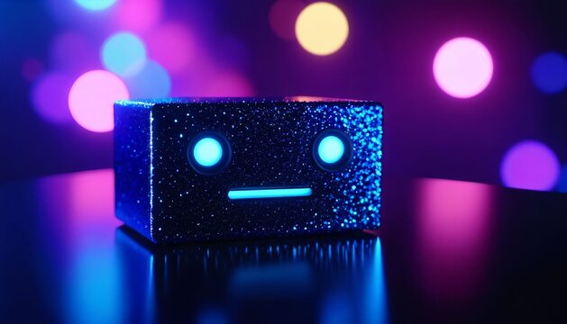Neutral cube character with glowing blue eyes