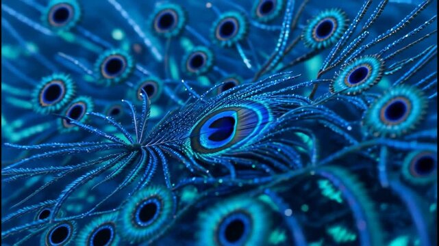 Close-up of iridescent blue peacock feathers with eye-like patterns and sparkling dew droplets
