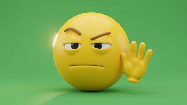 Yellow 3d emoticon making stop gesture with skeptical face