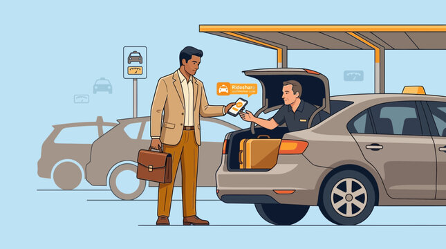 Man ordering taxi via app, driver loading suitcase into car trunk