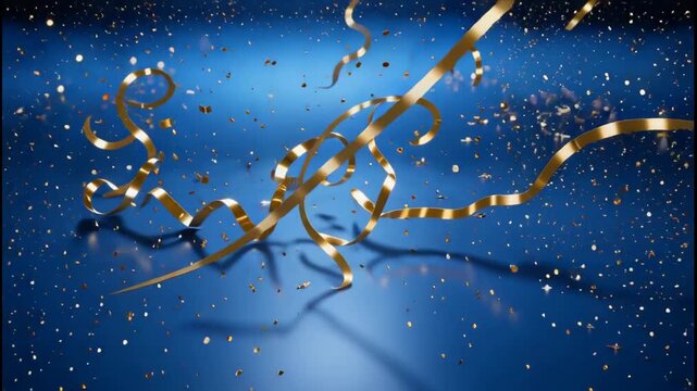 Golden confetti and ribbons swirling against a deep blue background with reflective surface