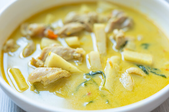 Coconut soup with chicken and bamboo shoot creates warm savory meal
