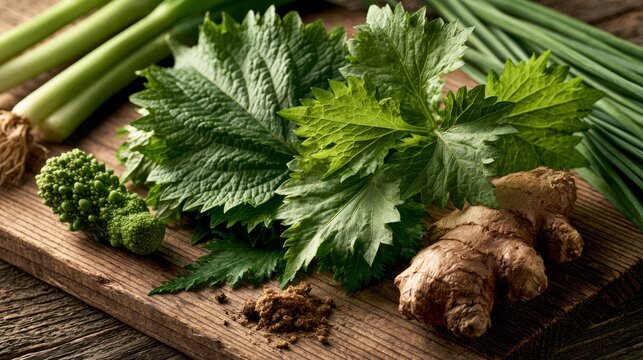 Japanese Food Ingredient Composition, fresh Japanese herbs (shiso, mitsuba, negi) and spices (wasabi root, ginger) scattered on a wooden board leaving clean recipe or pricing area, soft daylight
