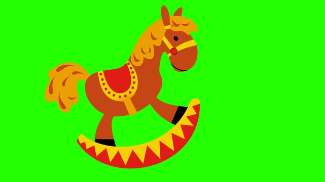 Animated cartoon of a wooden toy horse on a chroma key (green screen) background.