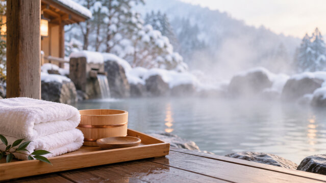 雪景色の露天風呂と白いタオル、木桶の温泉旅行イメージ