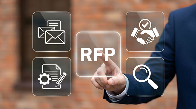 Businessman interacting with digital touchscreen interface showing RFP acronym