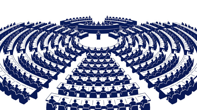Parliamentary assembly hall silhouette, blue government chamber with rows of seats, legislative meeting room illustration for political news