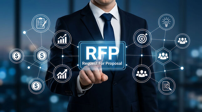 Businessman interacting with digital RFP request for proposal screen in office