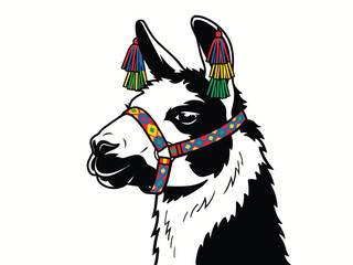 Fototapeta premium Vector illustration of an Andean llama wearing a colorful traditional harness