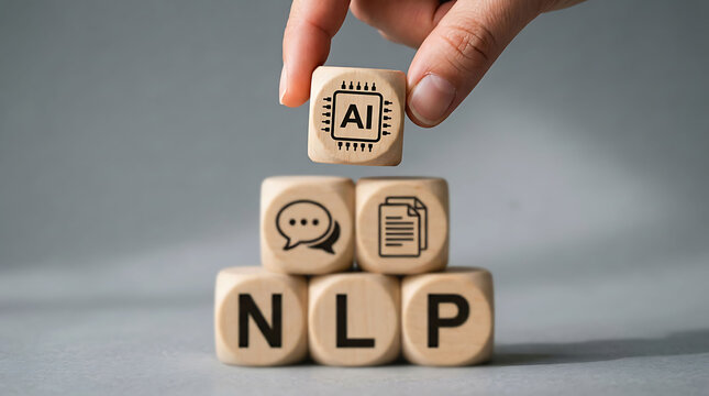 Natural language processing concept with AI blocks held by hand on grey background