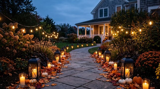 Stone pathway decorated with glowing lanterns and festive pumpkins leading to a cozy suburban cottage home