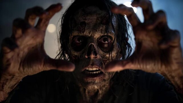 Zombie Reaching Toward Camera with Outstretched Hands in Dark Eerie Setting Cinematic Horror Scene