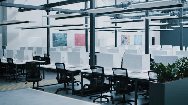 Modern open space office interior with computers and desks in corporate workplace environment