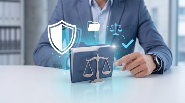 A business person interacts with a digital legal folder icon on a desk in office