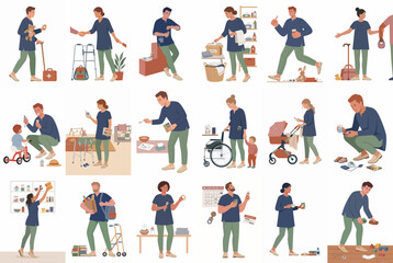 Fototapeta premium Vector Illustrations of Distracted People Multitasking with Smartphones During Everyday Activities