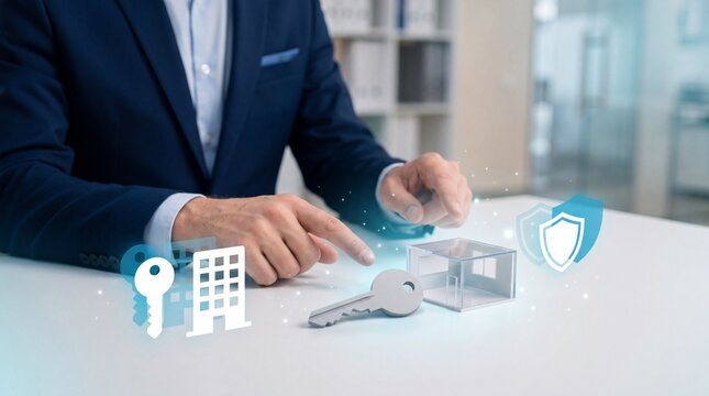 A business person points at a small house model with digital icons on a desk with real estate icons