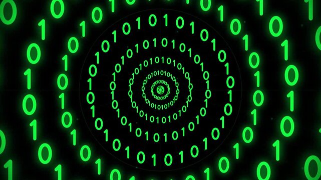 Green binary code circles repeating on a black background